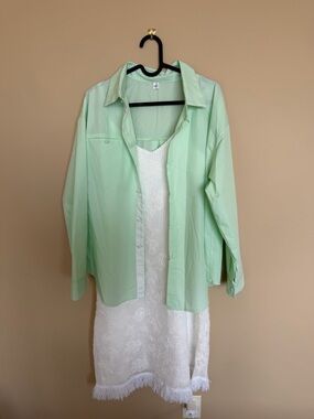 [2-PIECE SET] Mint Green Shirt & White Lace Tassel Dress | Size M-L